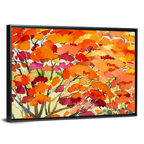 Peacock Flowers Watercolor Abstract Canvas Wall Art in red, orange and yellow, framed canvas, product view on a white background