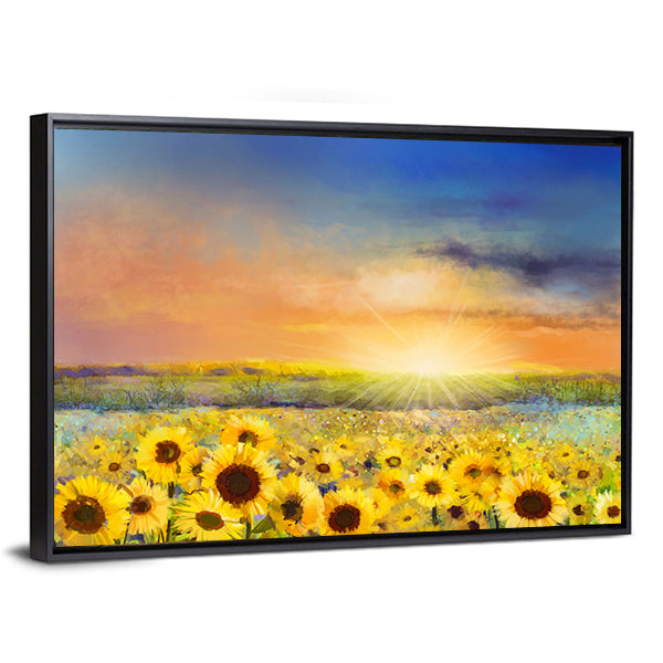 Sunflowers in Warm Sunlight Canvas Wall Art in orange, yellow and blue, framed canvas, product view on a white background