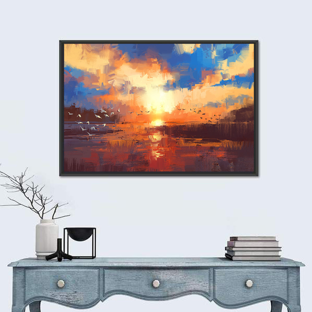 Golden Sunset Over Lake with Birds Canvas Wall Art