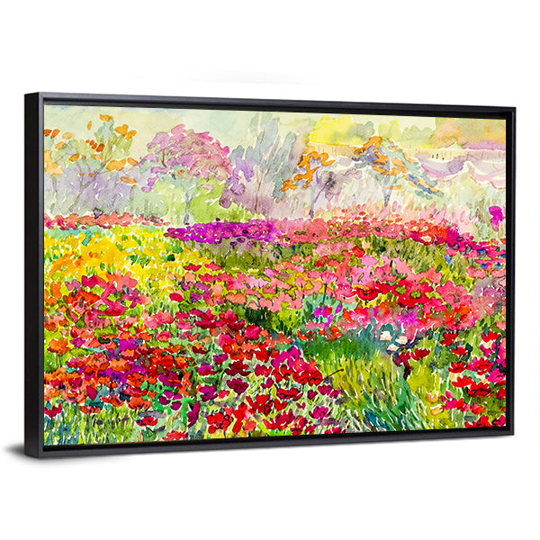 Watercolor Poppy Field in Spring Canvas Wall Art