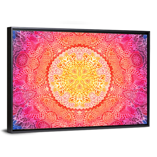 Watercolor Mandala Canvas Wall Art in orange, yellow and pink, framed canvas, product view on a white background