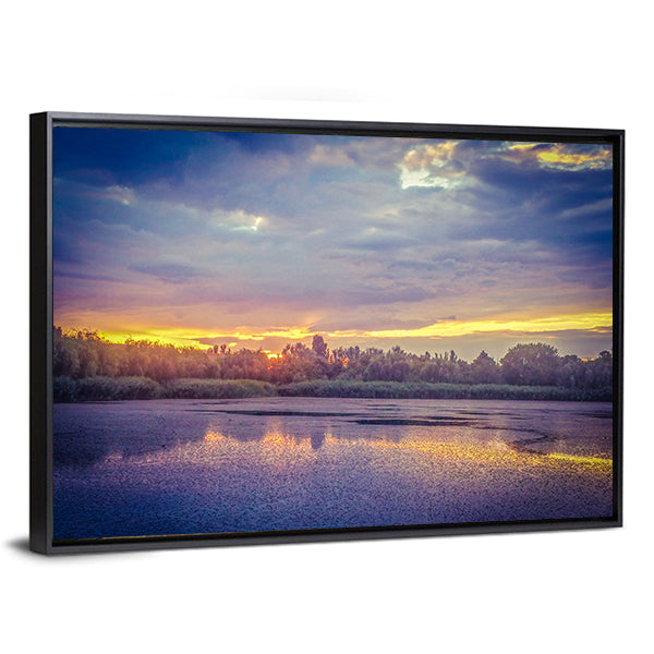 Danube Delta Sunset Canvas Wall Art in yellow, blue and purple, framed canvas, product view on a white background