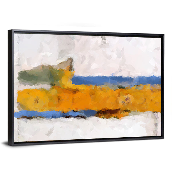 Ochre Yellow Band Abstract with Blue Accents Canvas Wall Art