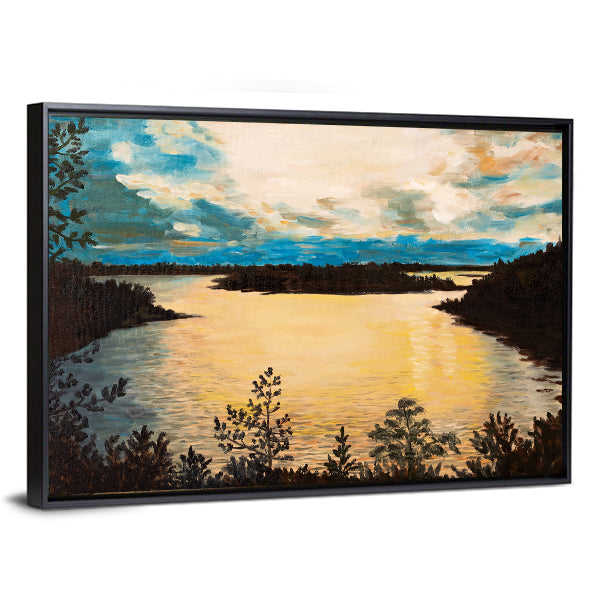 Sunset on the Lake Canvas Wall Art in brown, yellow and blue, framed canvas, product view on a white background