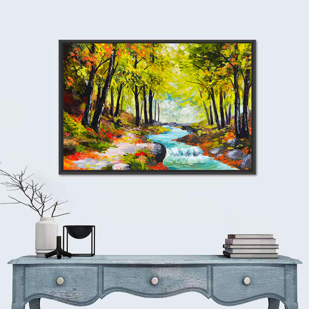 River in Autumn Forest Canvas Wall Art