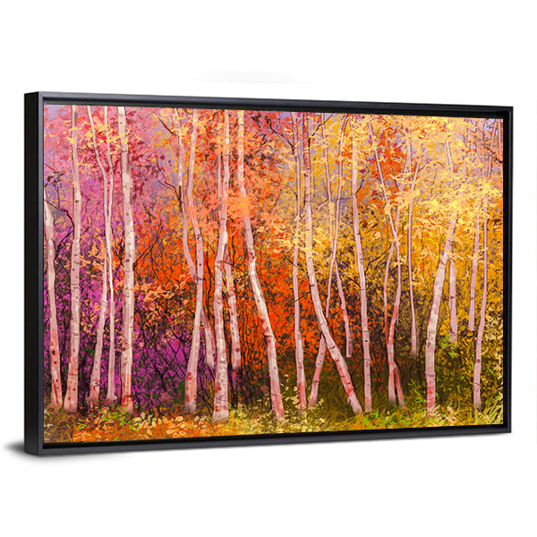 Colorful Autumn Birch Trees Canvas Wall Art in orange, yellow and multicolor, framed canvas, product view on a white background