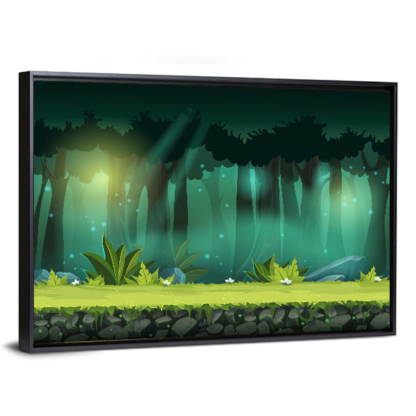 Magical Mist Forest with Fireflies Canvas Wall Art