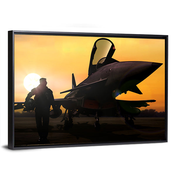 Military Pilot &amp; Aircraft At Airfield Canvas Wall Art