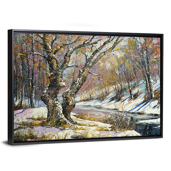 Winter River in Snowy Wood Canvas Wall Art