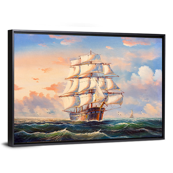 Sailing Boat In Storm Canvas Wall Art