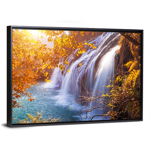 Autumn Waterfall with Sunlit Foliage Canvas Wall Art