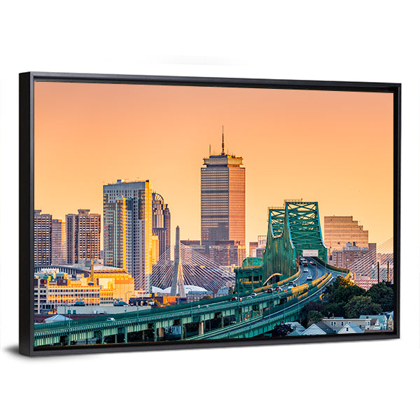 Tobin Bridge and Boston Skyline Canvas Wall Art in orange, yellow and green, framed canvas, product view on a white background