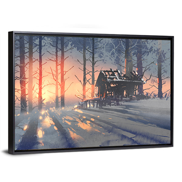 Abandoned House in Winter Forest Canvas Wall Art in white, orange and blue, framed canvas, product view on a white background