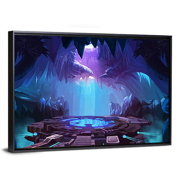 Mysterious Cavern with Glowing Platform Canvas Wall Art in black, blue and purple, framed canvas, product view on a white background