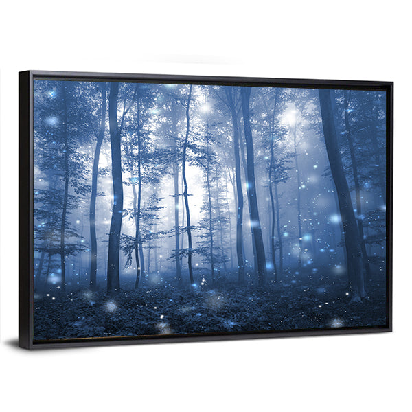 Blue Fog Forest with Glowing Orbs Canvas Wall Art in white, blue and navy, framed canvas, product view on a white background
