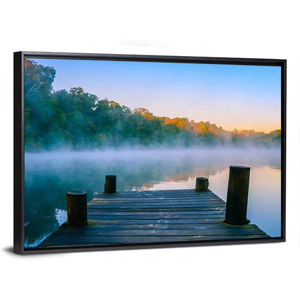 Wooden Dock at Misty Forest Lake Canvas Wall Art in brown, green and blue, framed canvas, product view on a white background