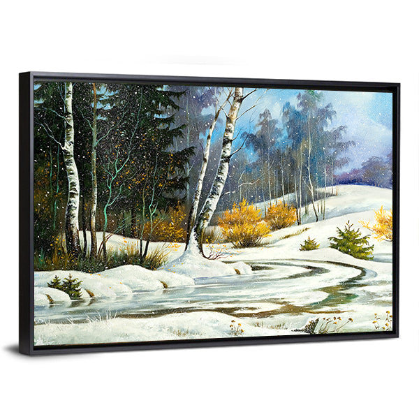 Winter Birch Forest with Frozen Stream Canvas Wall Art