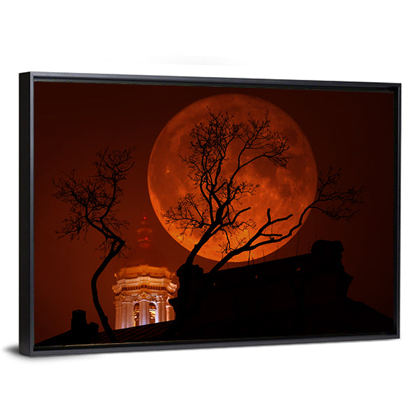 Blood Red Supermoon Over Illuminated Dome Canvas Wall Art