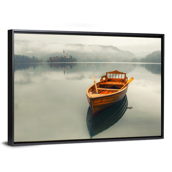 Rowboat on Foggy Lake with Island Church Canvas Wall Art in gray, beige and brown, framed canvas, product view on a white background