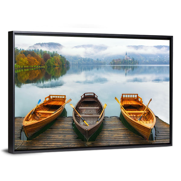 Boats on Bled Lake Canvas Wall Art in gray, brown and blue, framed canvas, product view on a white background