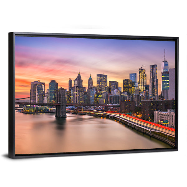 Brooklyn Bridge and Lower Manhattan Skyline Canvas Wall Art in orange, blue and purple, framed canvas, product view on a white background
