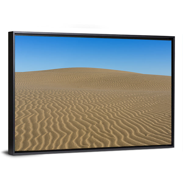 Sand Ripples on Desert Dunes Canvas Wall Art in beige, brown and blue, framed canvas, product view on a white background