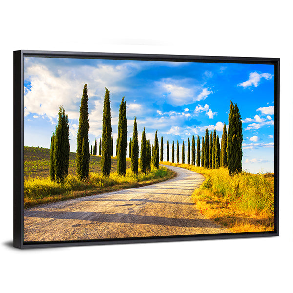 Tuscany Cypress Trees Along Winding Road Canvas Wall Art in yellow, green and blue, framed canvas, product view on a white background