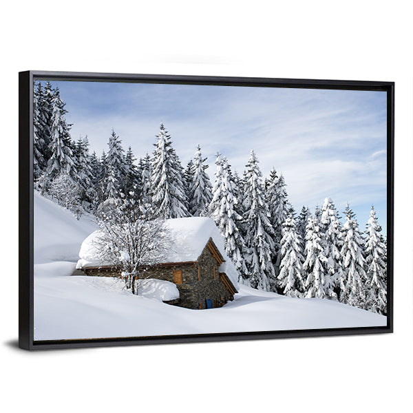 Alpine Hut Under Snow Canvas Wall Art