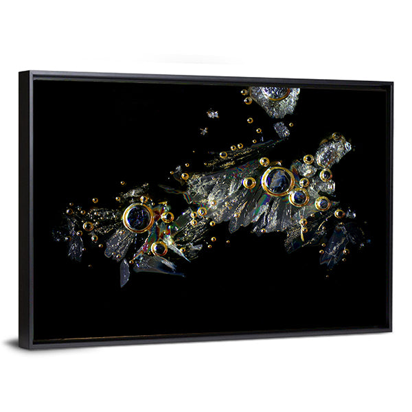 Crystallized Vitamin C Abstract Canvas Wall Art in black, gold and multicolor, framed canvas, product view on a white background