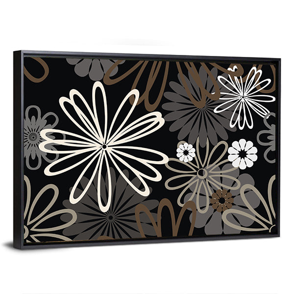 Retro Abstract Floral in Black and White Canvas Wall Art in black, white and gray, framed canvas, product view on a white background