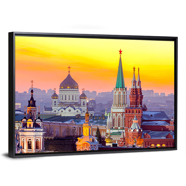 Moscow Kremlin and Cathedral of Christ the Saviour Canvas Wall Art in orange, yellow and blue, framed canvas, product view on a white background
