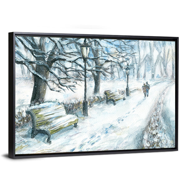 Winter Park With Walking Couple Canvas Wall Art