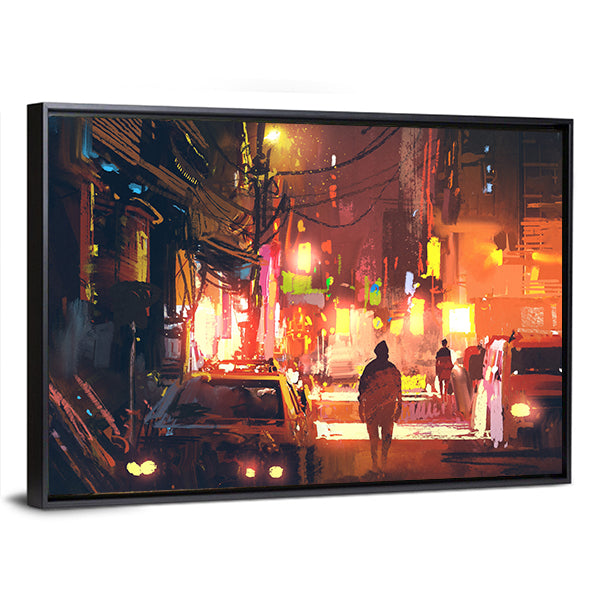Rain-soaked Old Street in Futuristic City Canvas Wall Art