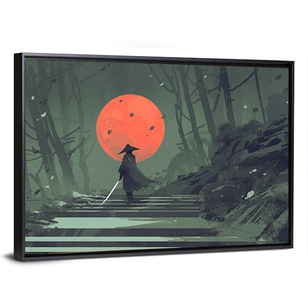 Samurai Standing On Stairway In Night Forest Under Red Moon Canvas Wall Art