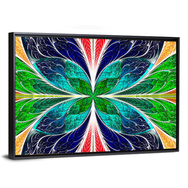 Stained Glass Fractal Butterfly Canvas Wall Art in green, blue and multicolor, framed canvas, product view on a white background