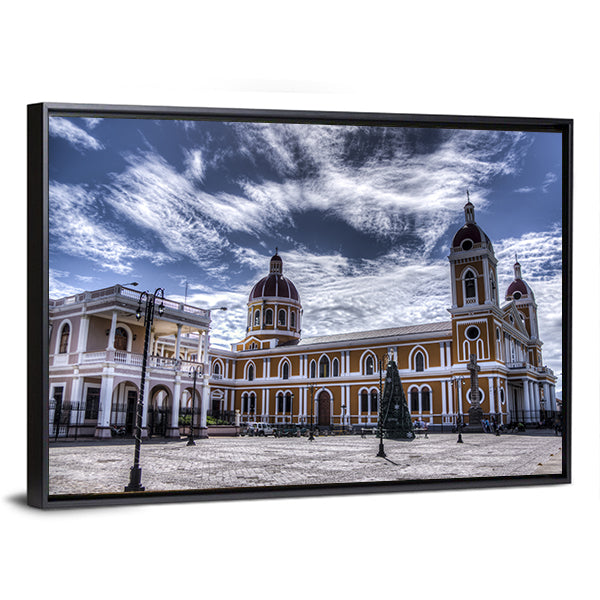 Cathedral of Granada In Nicaragua Canvas Wall Art in white, yellow and blue, framed canvas, product view on a white background