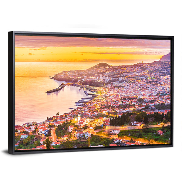 Madeira Island Sunset Harbor Canvas Wall Art in orange, yellow and pink, framed canvas, product view on a white background