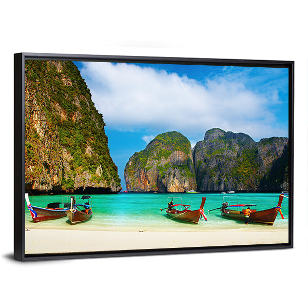 Tropical Beach And Traditional Long Tail Boats In Maya Bay Canvas Wall Art in brown, green and blue, framed canvas, product view on a white background