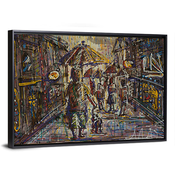 Rainy City Street with Umbrella Canvas Wall Art