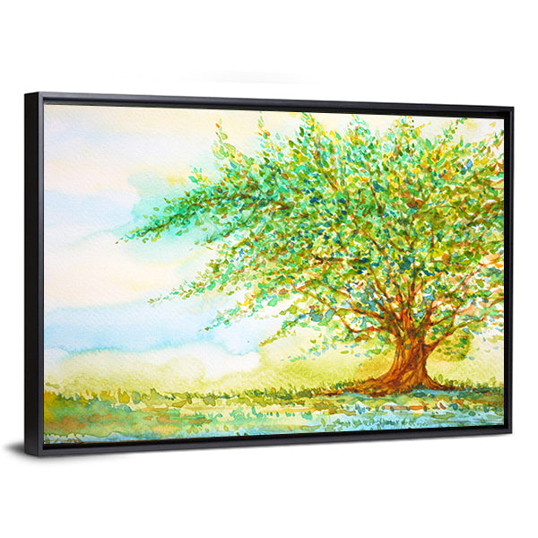 Big Tree In Grass Field Canvas Wall Art