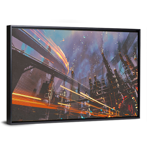 Futuristic Industrial Cityscape at Night Canvas Wall Art