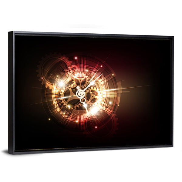 Clockwork Time Machine Concept Canvas Wall Art in black and gold, framed canvas, product view on a white background