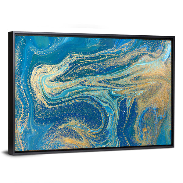 Blue and Gold Fluid Abstract Canvas Wall Art in gold and blue, framed canvas, product view on a white background