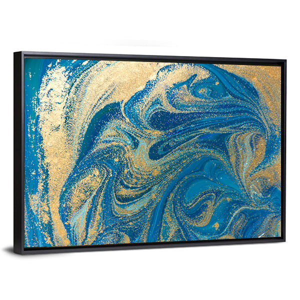 Hand Drawn Blue and Gold Marbling Canvas Wall Art