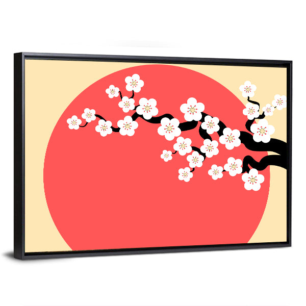 Minimalist Cherry Blossom with Red Sun Canvas Wall Art