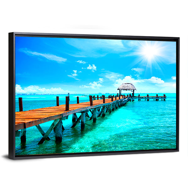 Sunlit Wooden Pier and Thatched Hut Canvas Wall Art