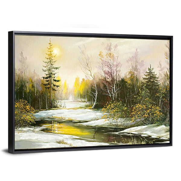 Winter Riverbank with Golden Light Canvas Wall Art