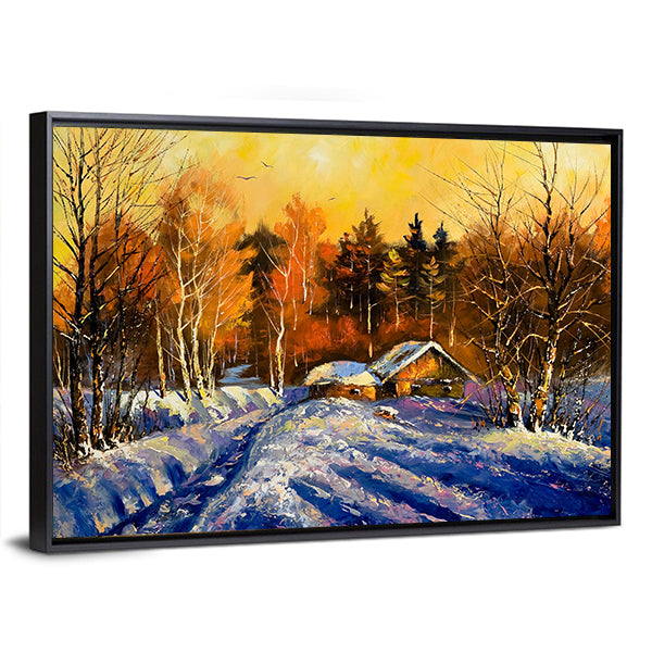 Evening In Winter Village Canvas Wall Art