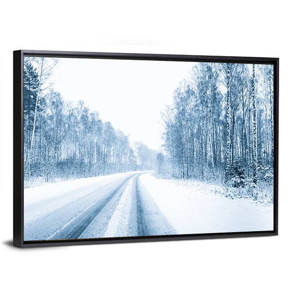 Snow Covered Open Road In Winter Canvas Wall Art in white, gray and blue, framed canvas, product view on a white background