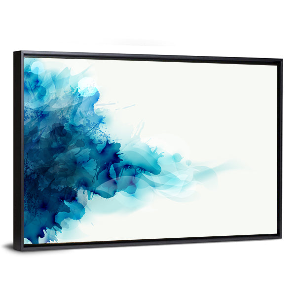 Blue Watercolor Ink Blot Canvas Wall Art in white and blue, framed canvas, product view on a white background